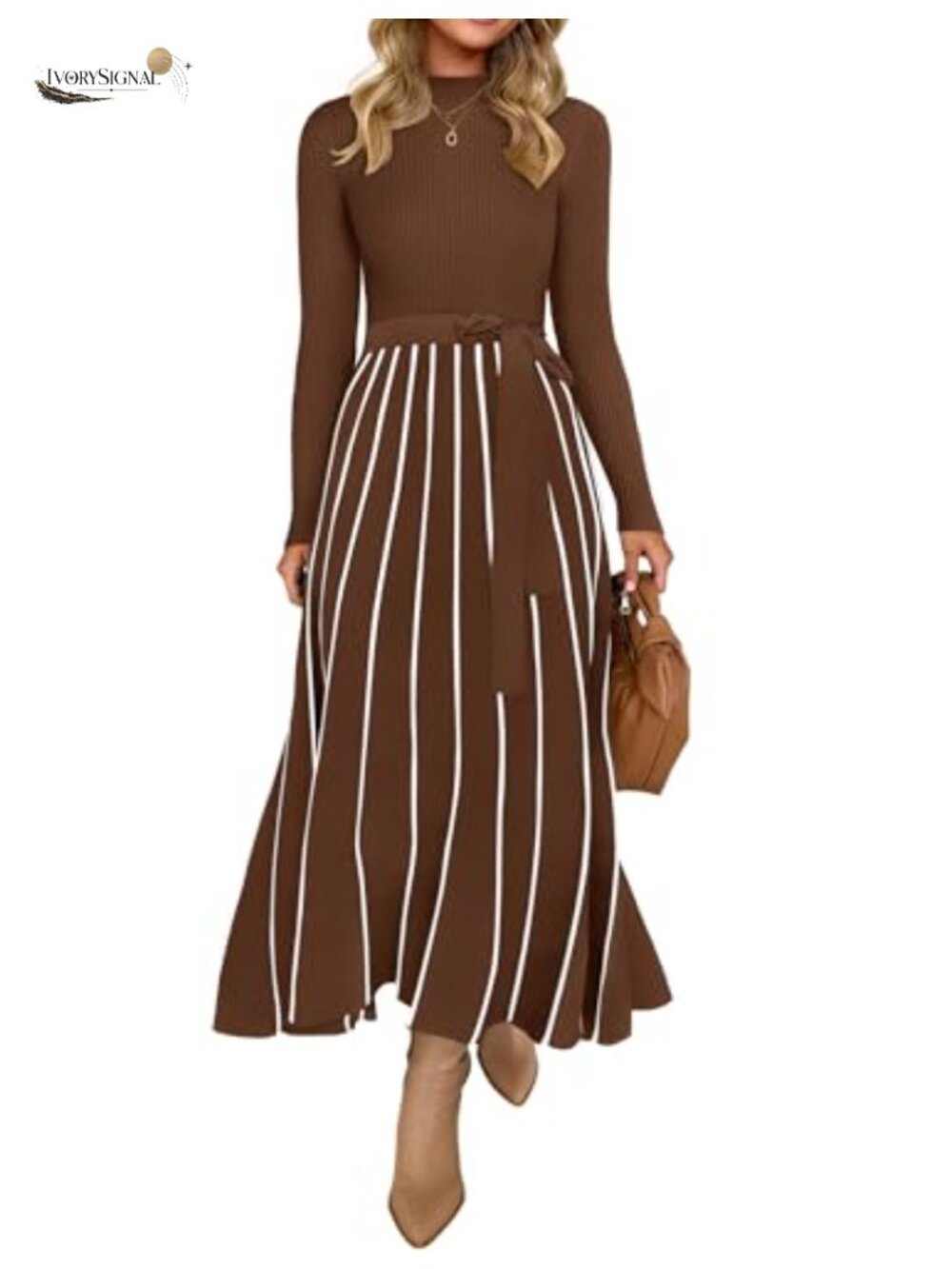 Ribbed Knit Turtleneck Maxi Sweater Dress Belted A-Line Long Sleeve
